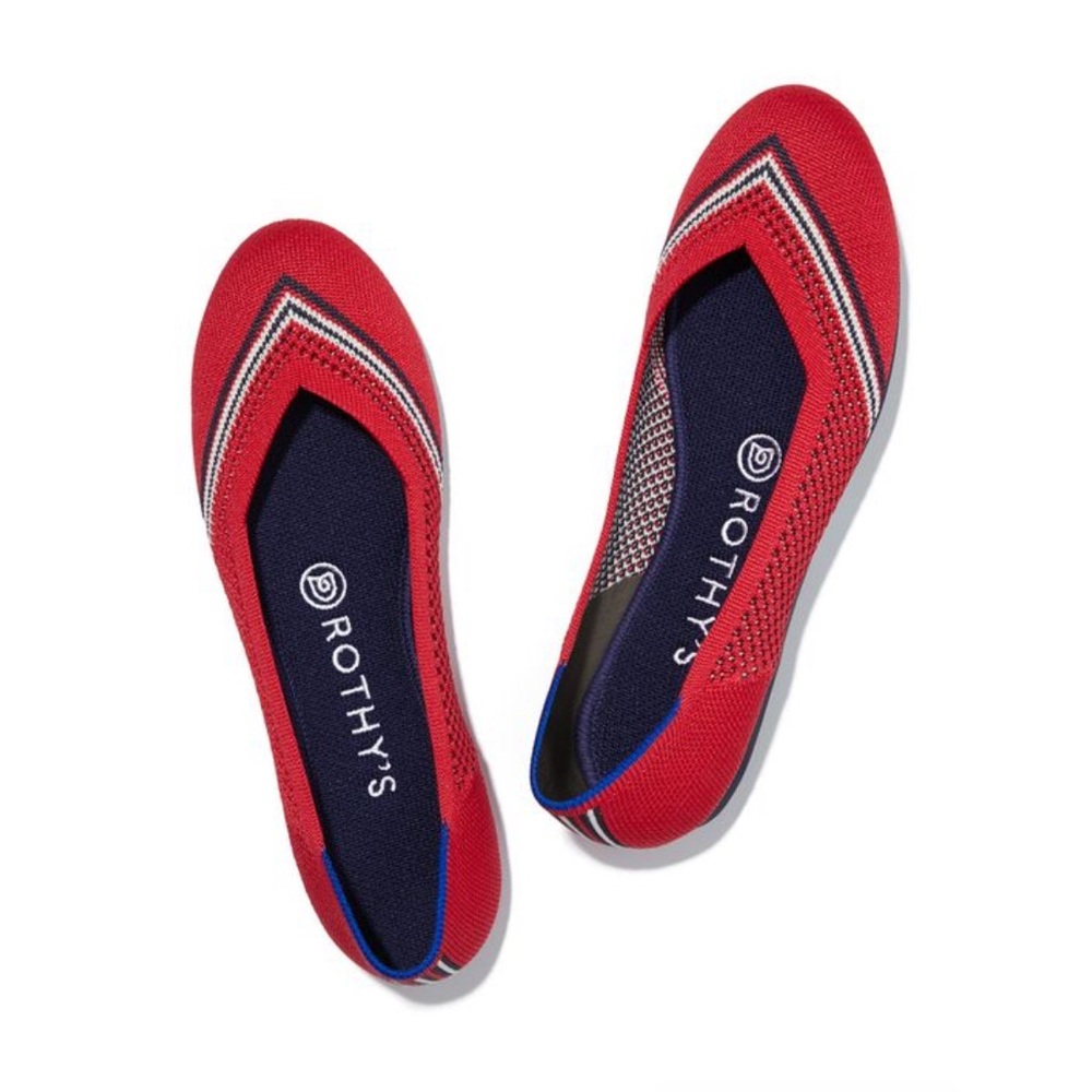 Rothy’s Round Toe Flats Cherry Red with Navy & White Stripe Retired New - Picture 2 of 5